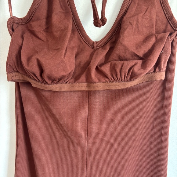 Old Navy Fitted Sleeveless Halter Rib Knit Midi Dress in Root Beer - Picture 5 of 6